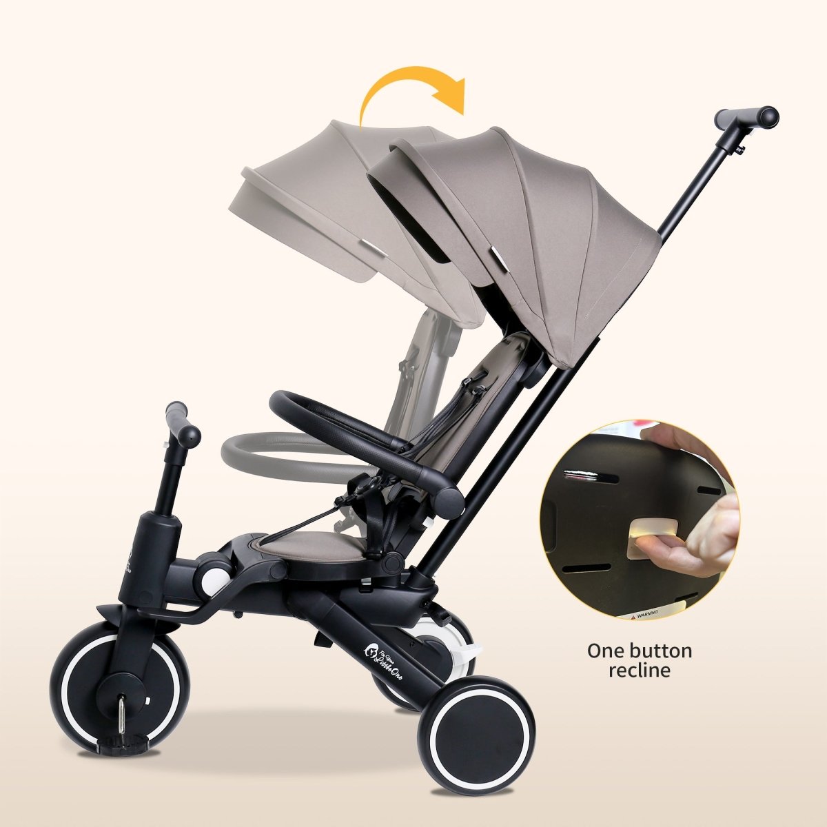 Baby stroller with recline feature on a beige background