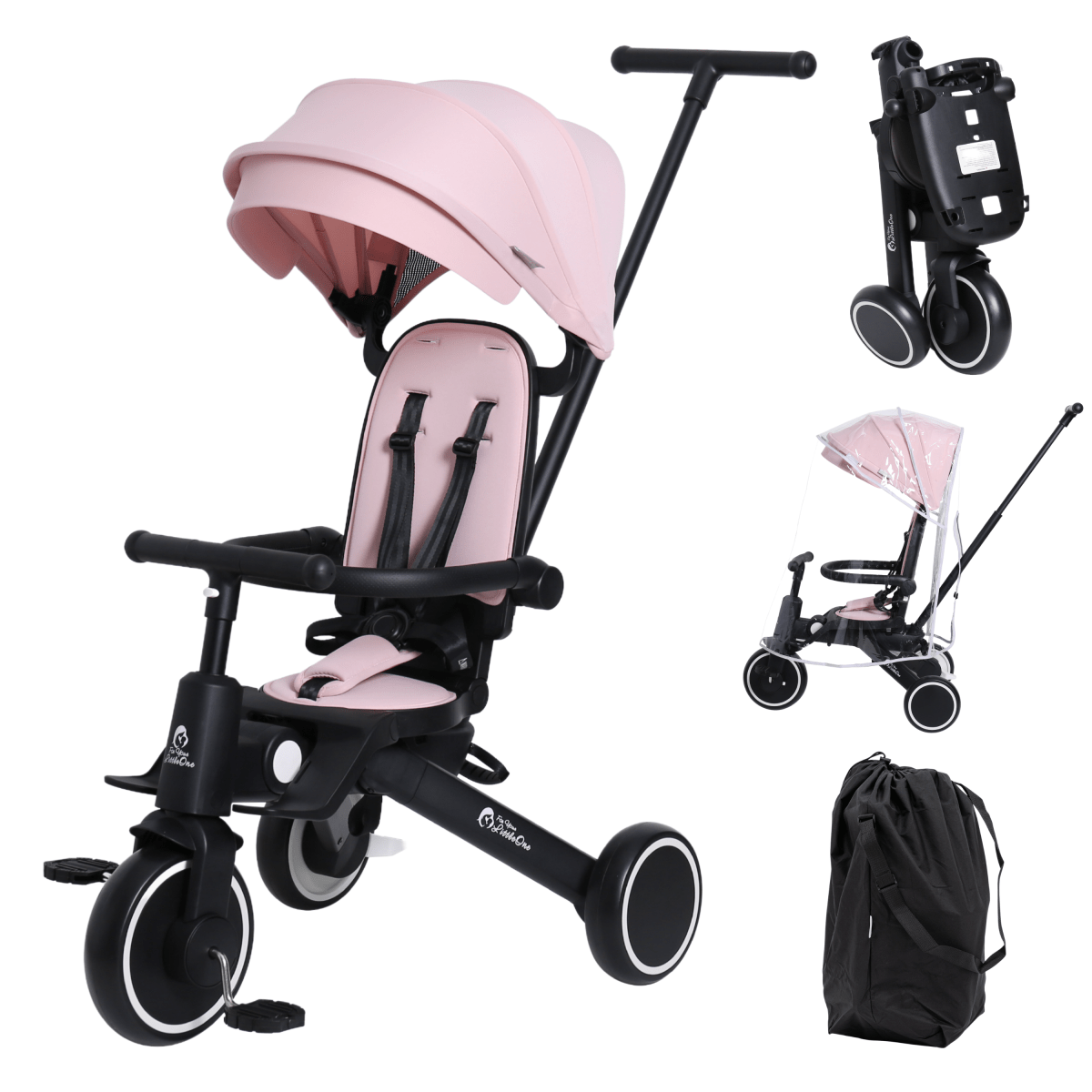 Pink and black baby stroller with accessories on a white background