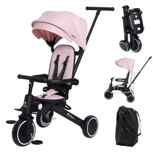 Pink and black baby stroller with accessories on a white background