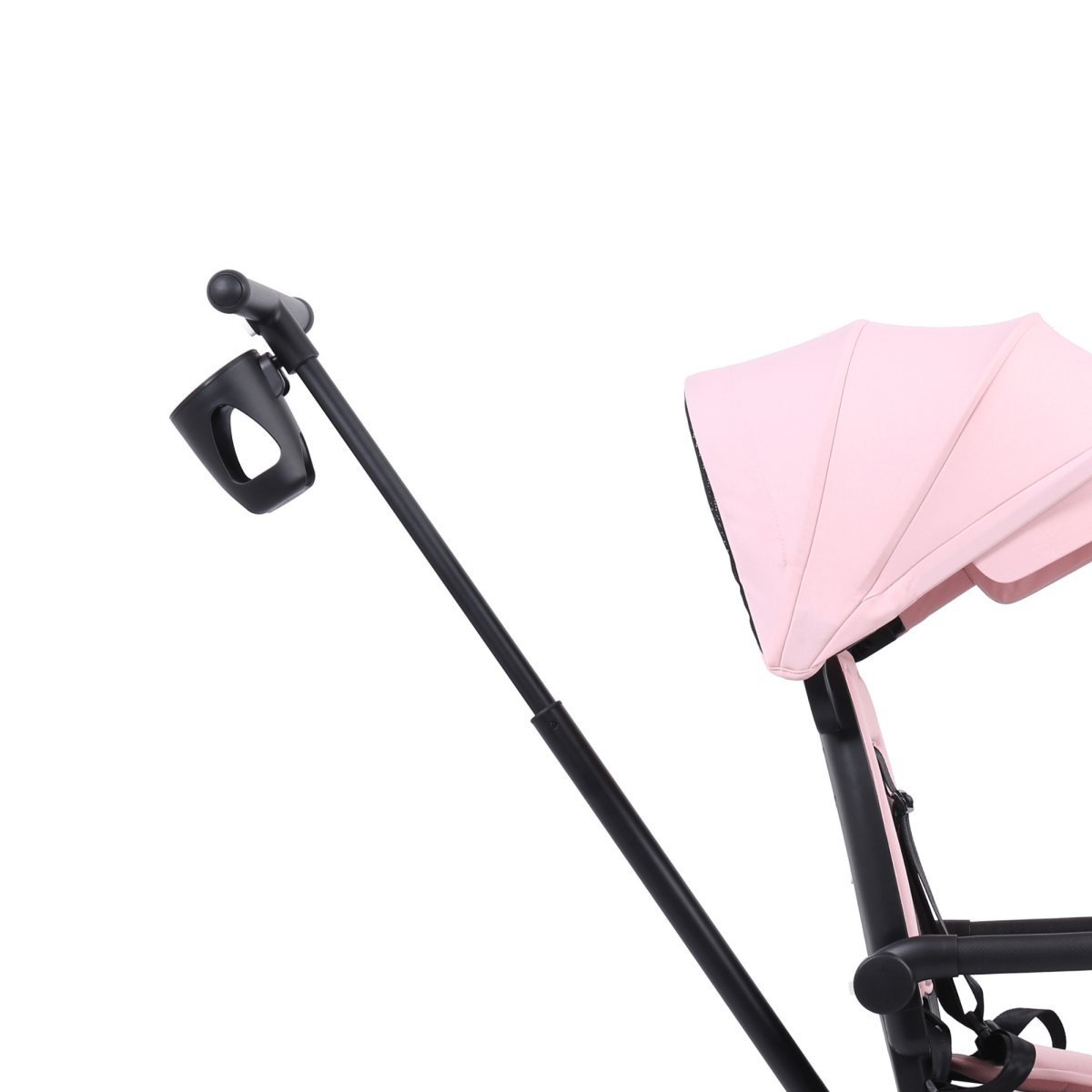 Close-up of a pink stroller canopy with a black handle on a white background