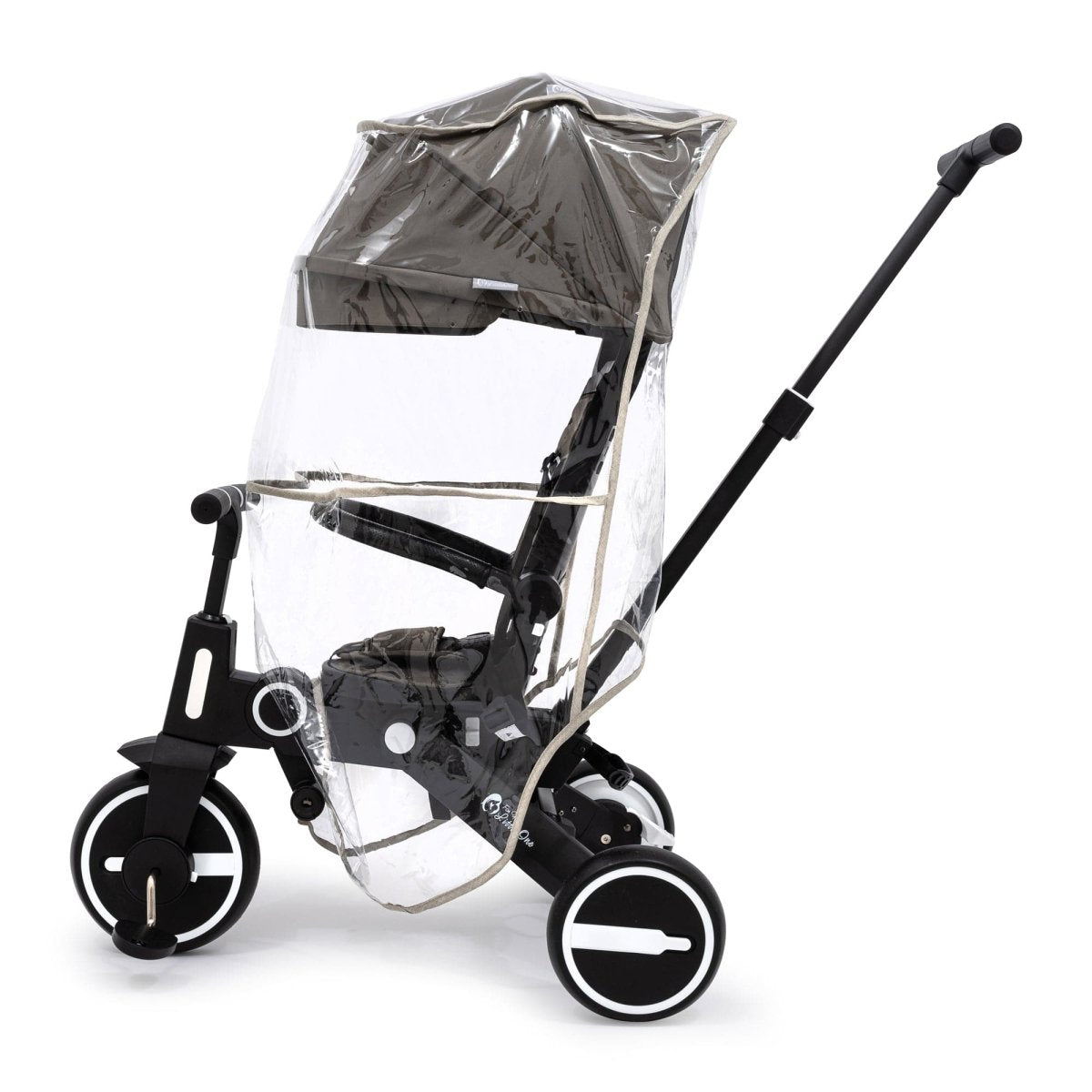 Black stroller with a clear rain cover on a white background