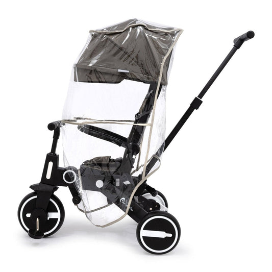 Black stroller with a clear rain cover on a white background