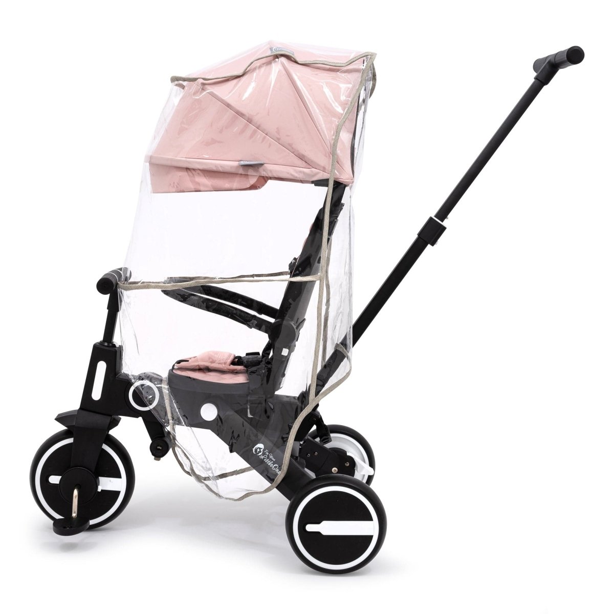 Baby stroller with clear rain cover and pink canopy on a white background