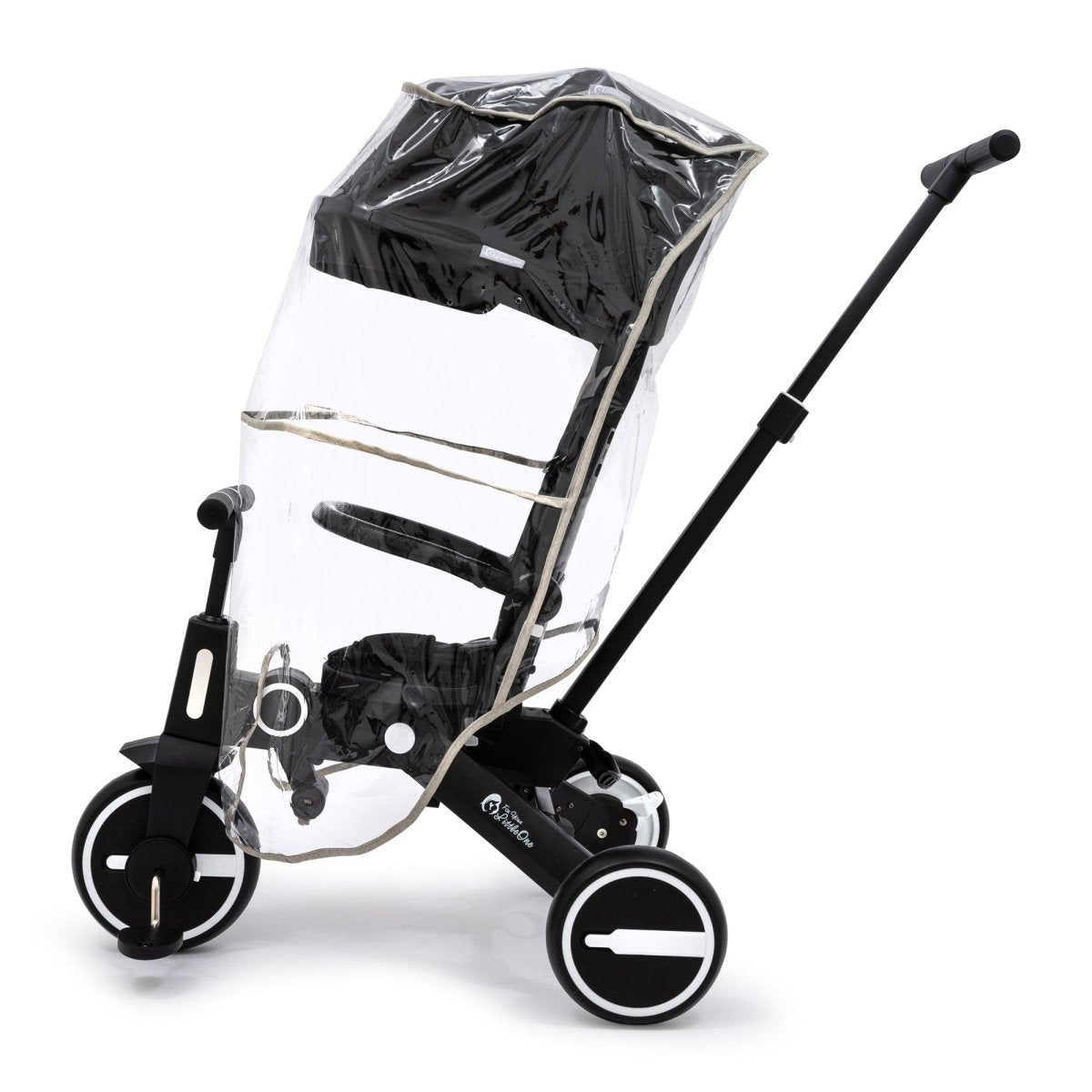 Black stroller with a clear rain cover on a white background