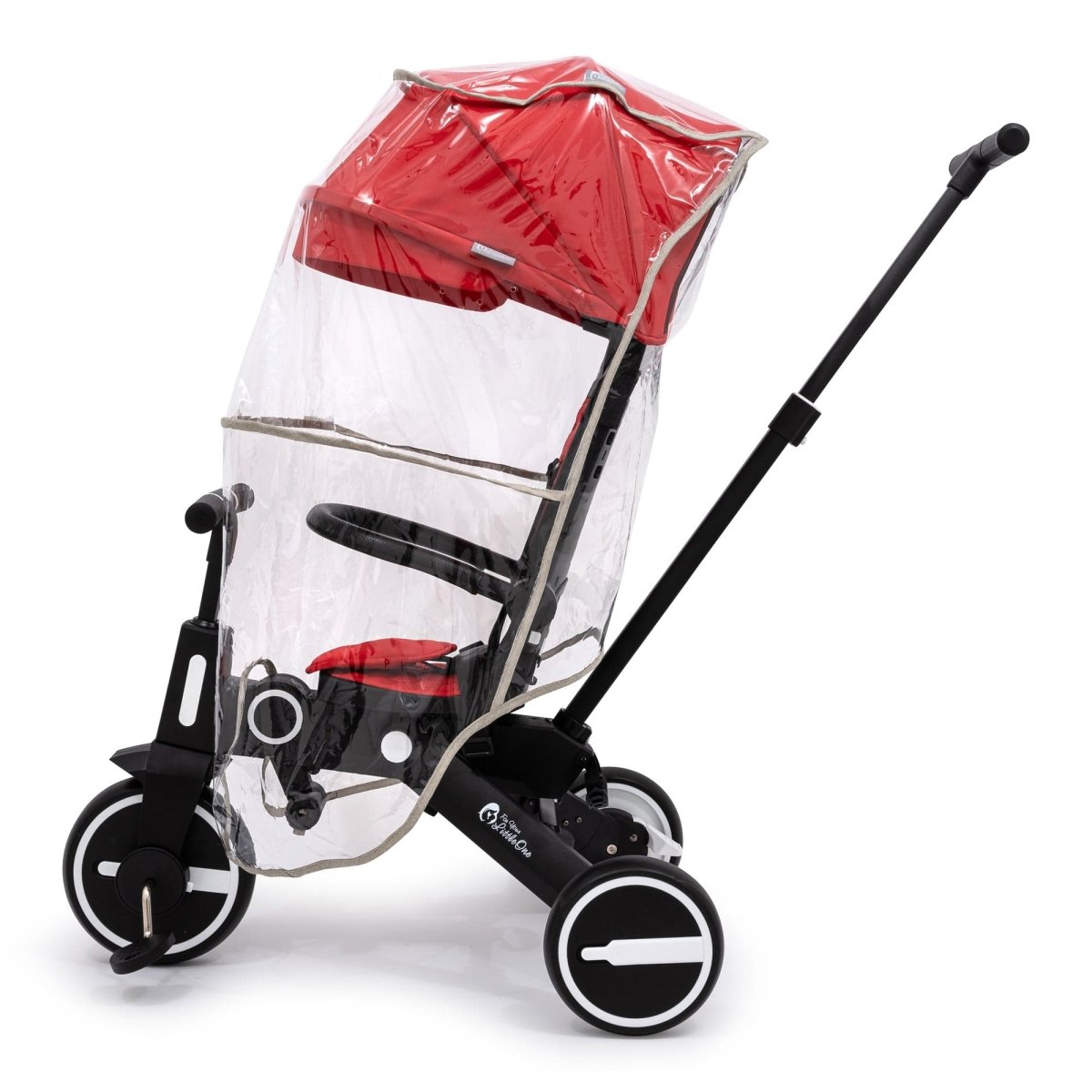 Red and black stroller with a clear rain cover on a white background