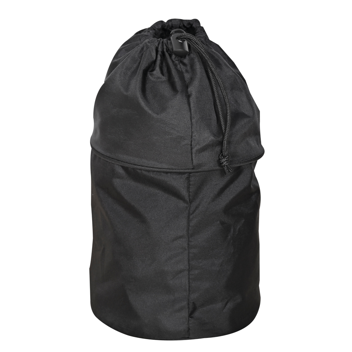 Black drawstring bag on a white background