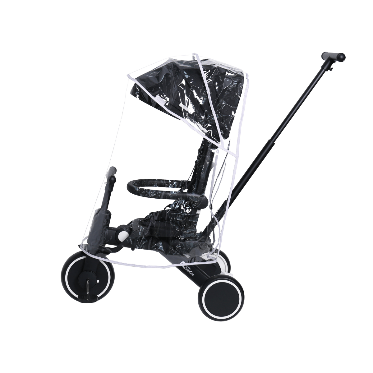 Black stroller with transparent rain cover on a white background
