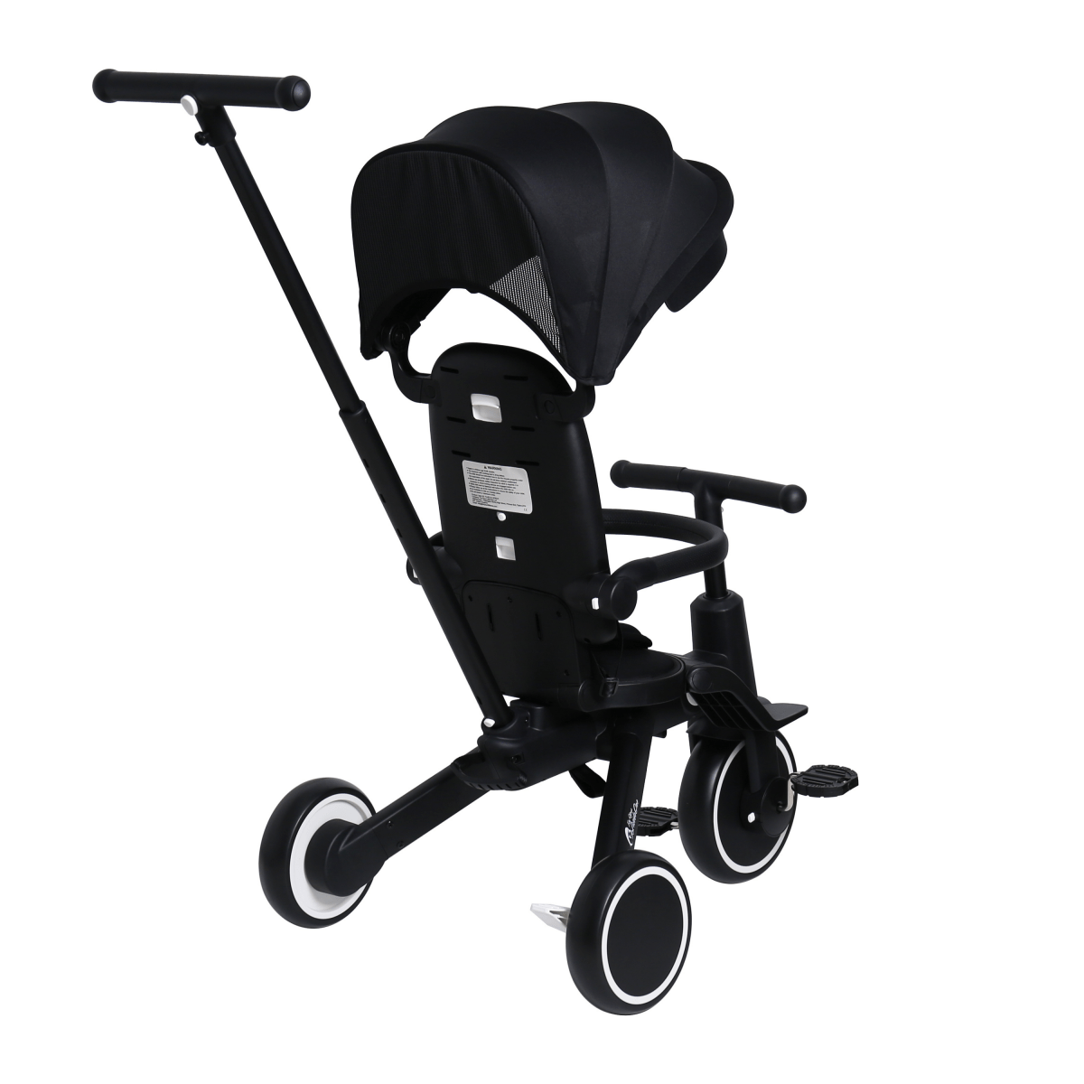 Black baby stroller with canopy on a white background