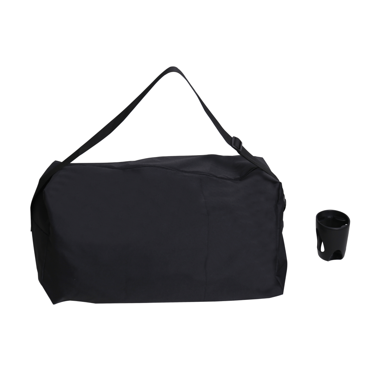Black duffel bag with a black cup on a white background