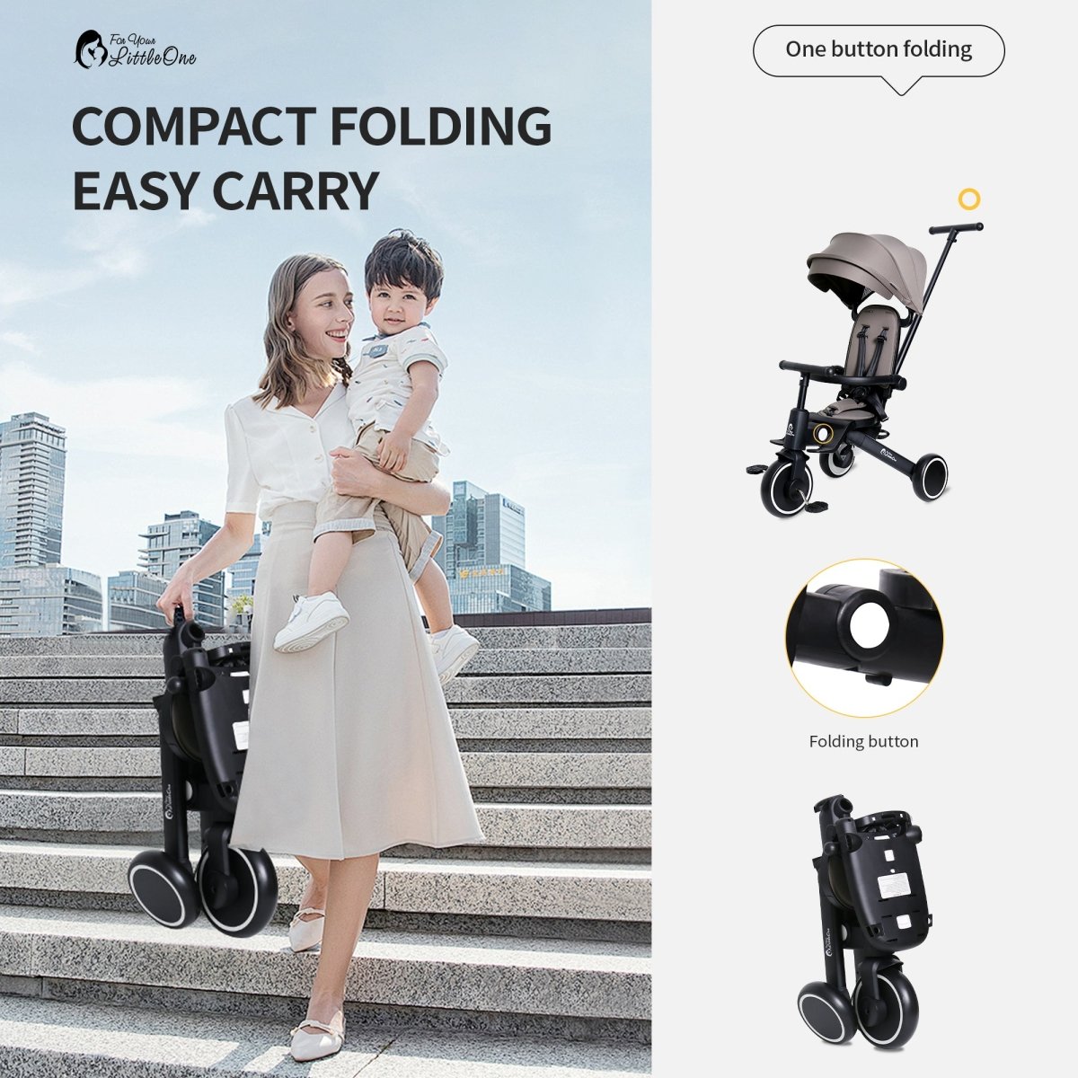 Woman holding a child with a compact folding stroller, set against an urban skyline.