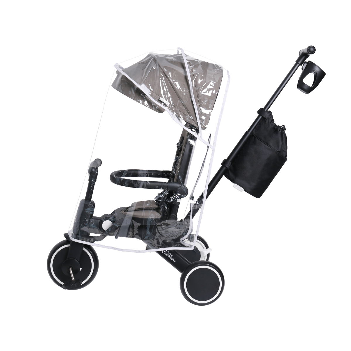 Black stroller with clear rain cover on a white background