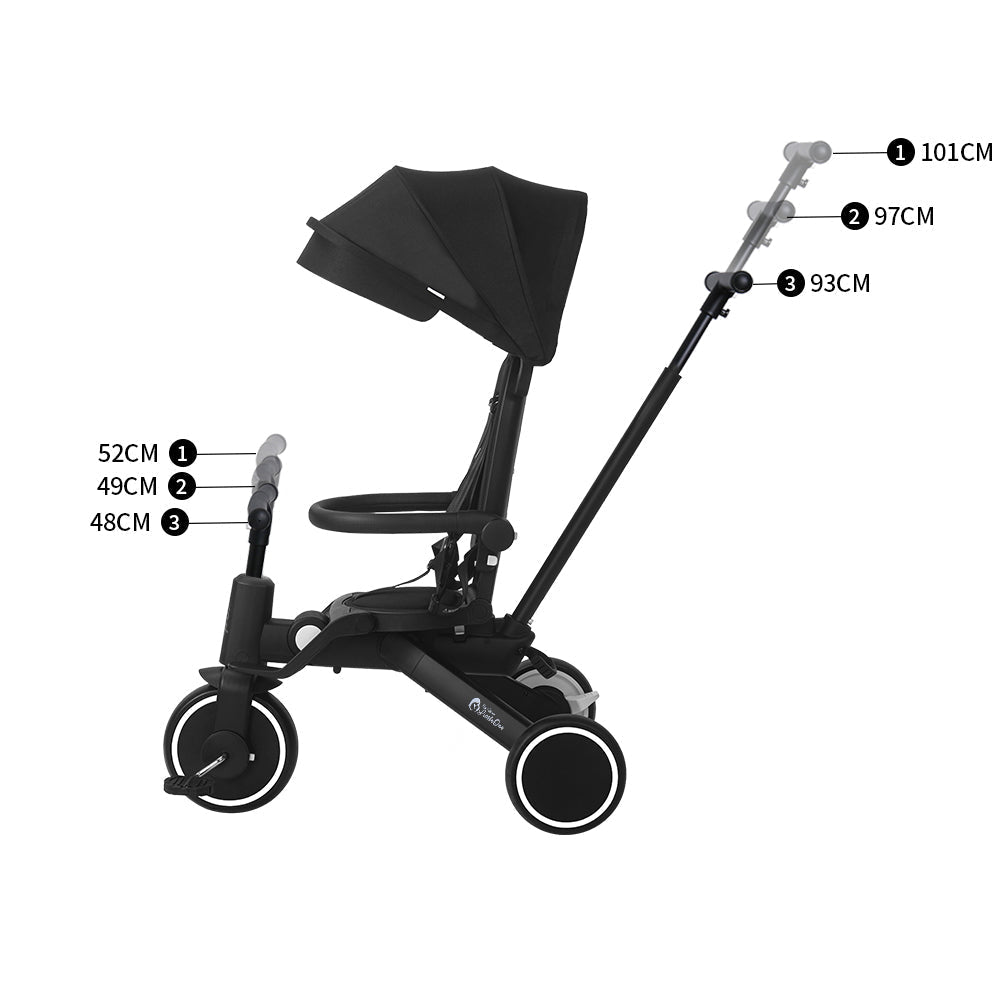 Black baby stroller with canopy on a white background