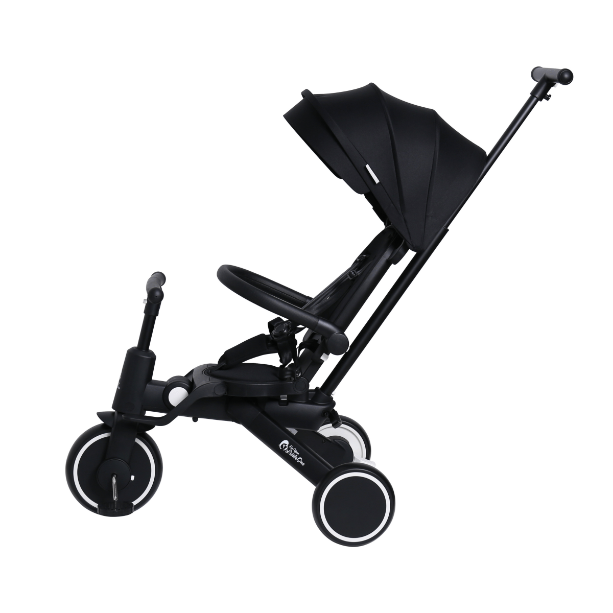 Black stroller with canopy on a white background