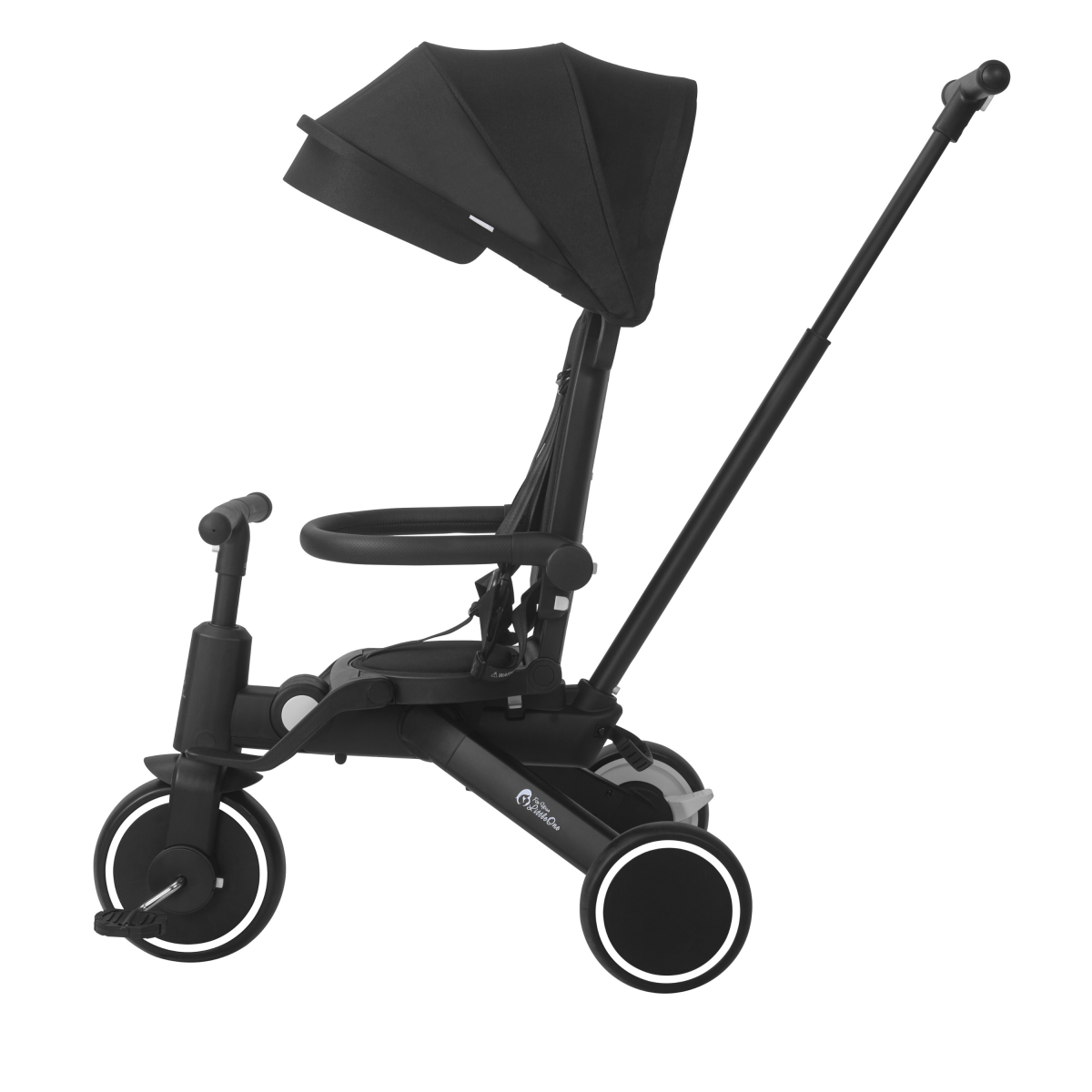 Black baby stroller with canopy on a white background