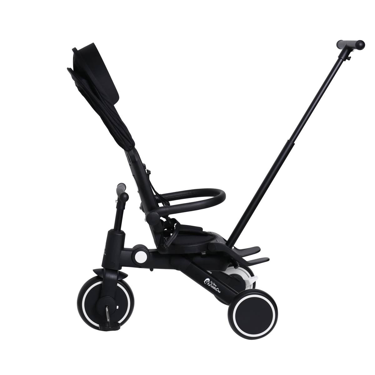 Black baby stroller with extendable handle on a white background