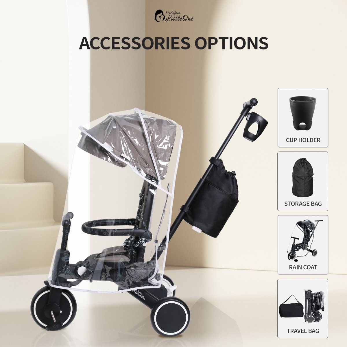 Black stroller with accessories options displayed on a beige background
