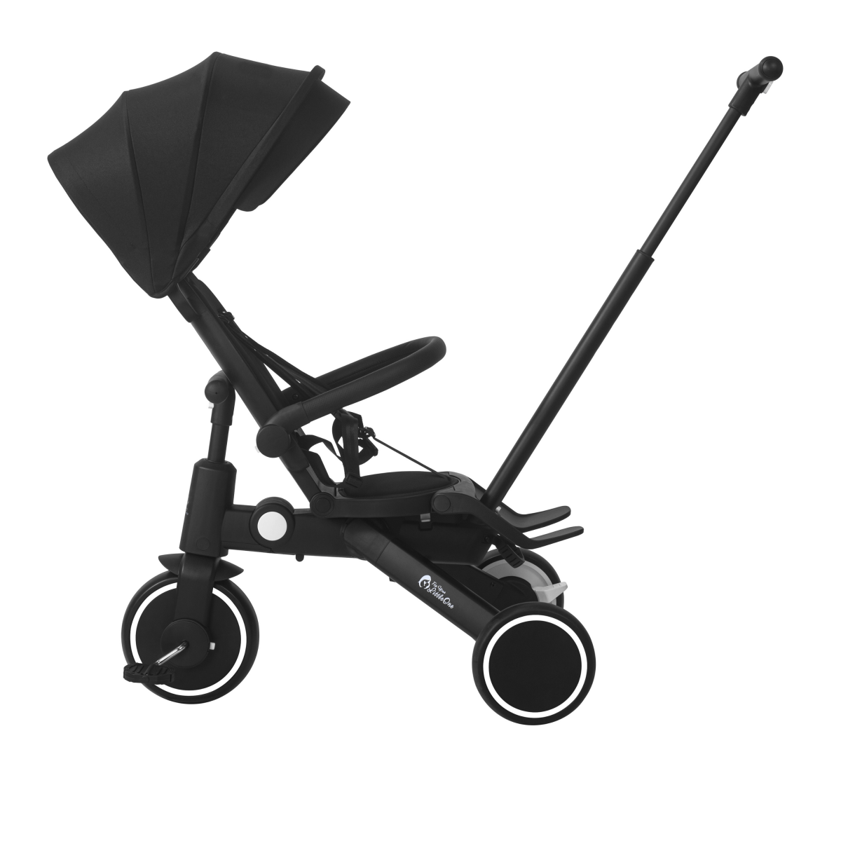Black baby stroller with canopy on a white background