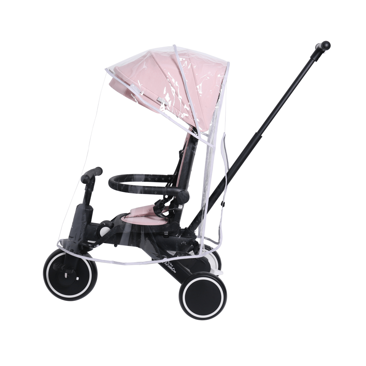 Black stroller with a transparent rain cover and pink canopy on a white background