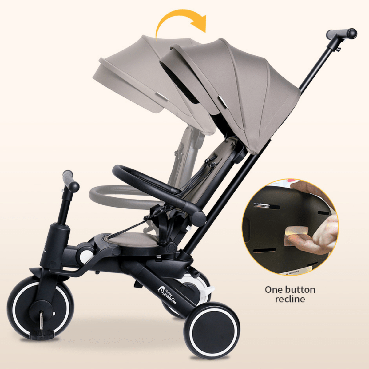 Stroller with recline feature on a beige background