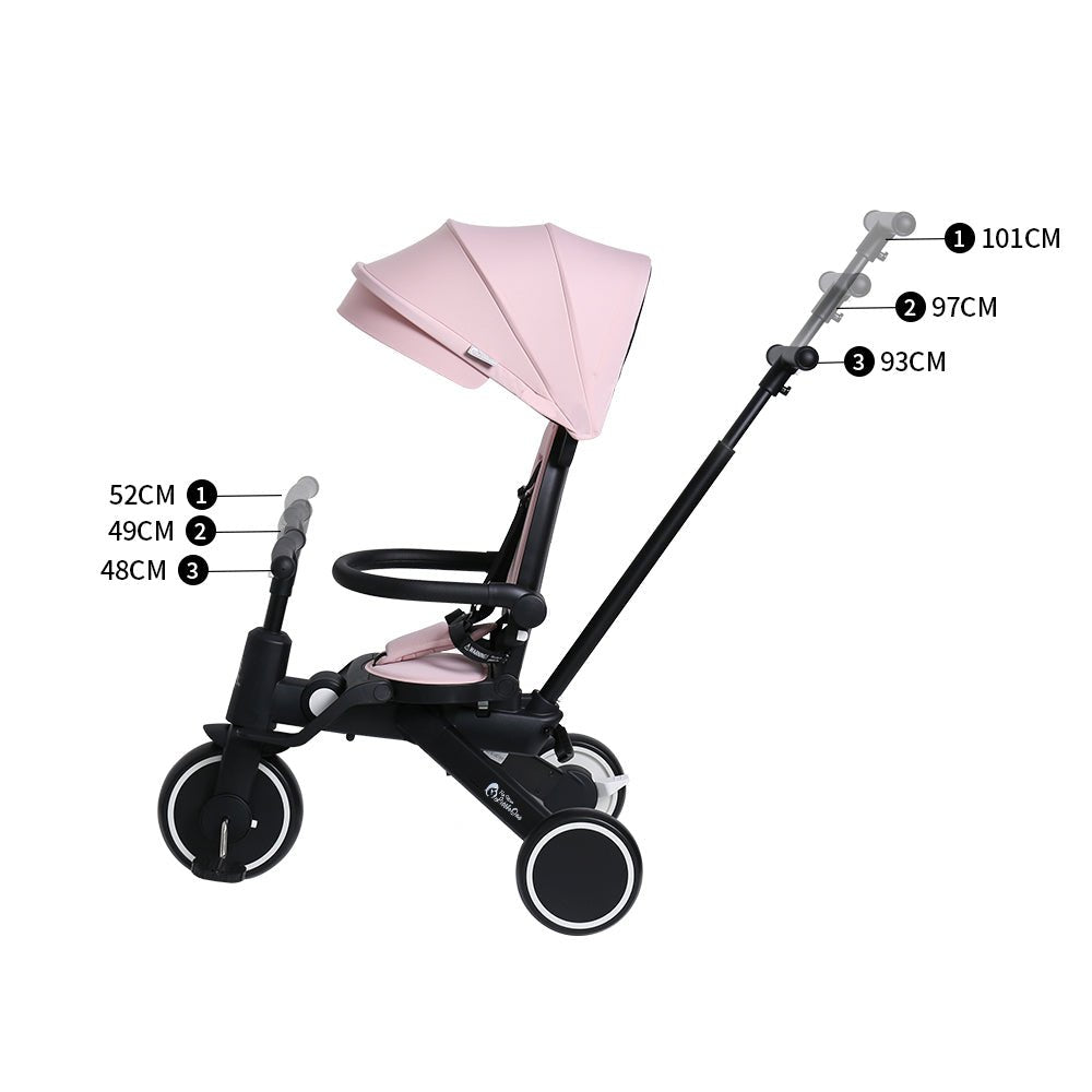 Baby stroller with pink canopy and measurement labels on a white background