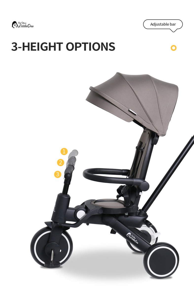 Baby stroller with adjustable canopy and 3-height options on a white background