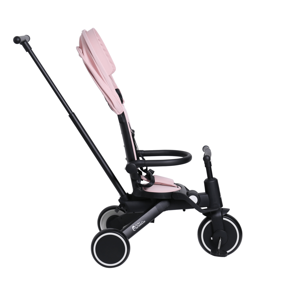 Pink and black baby stroller on a white background