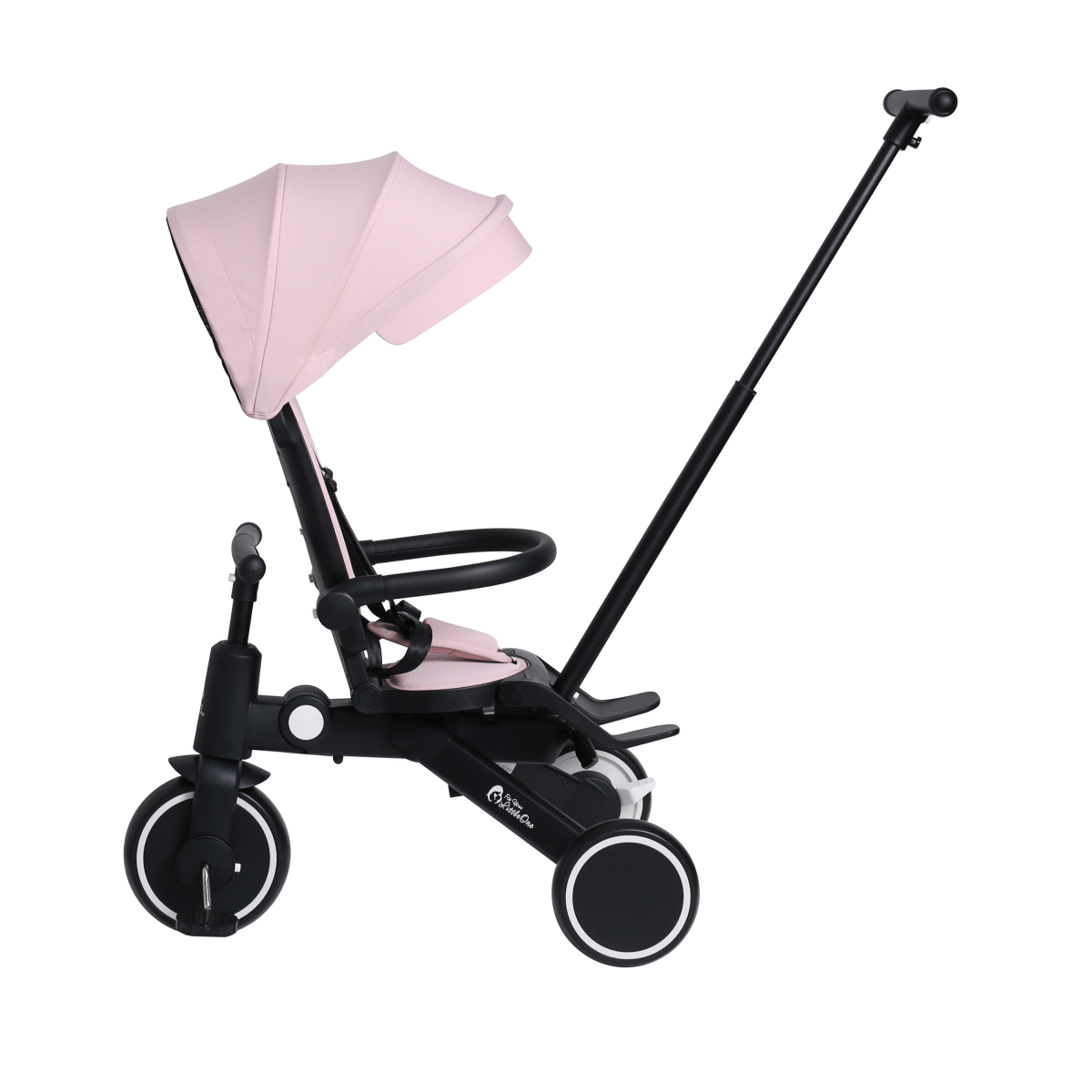 Black and pink baby stroller with canopy on a white background