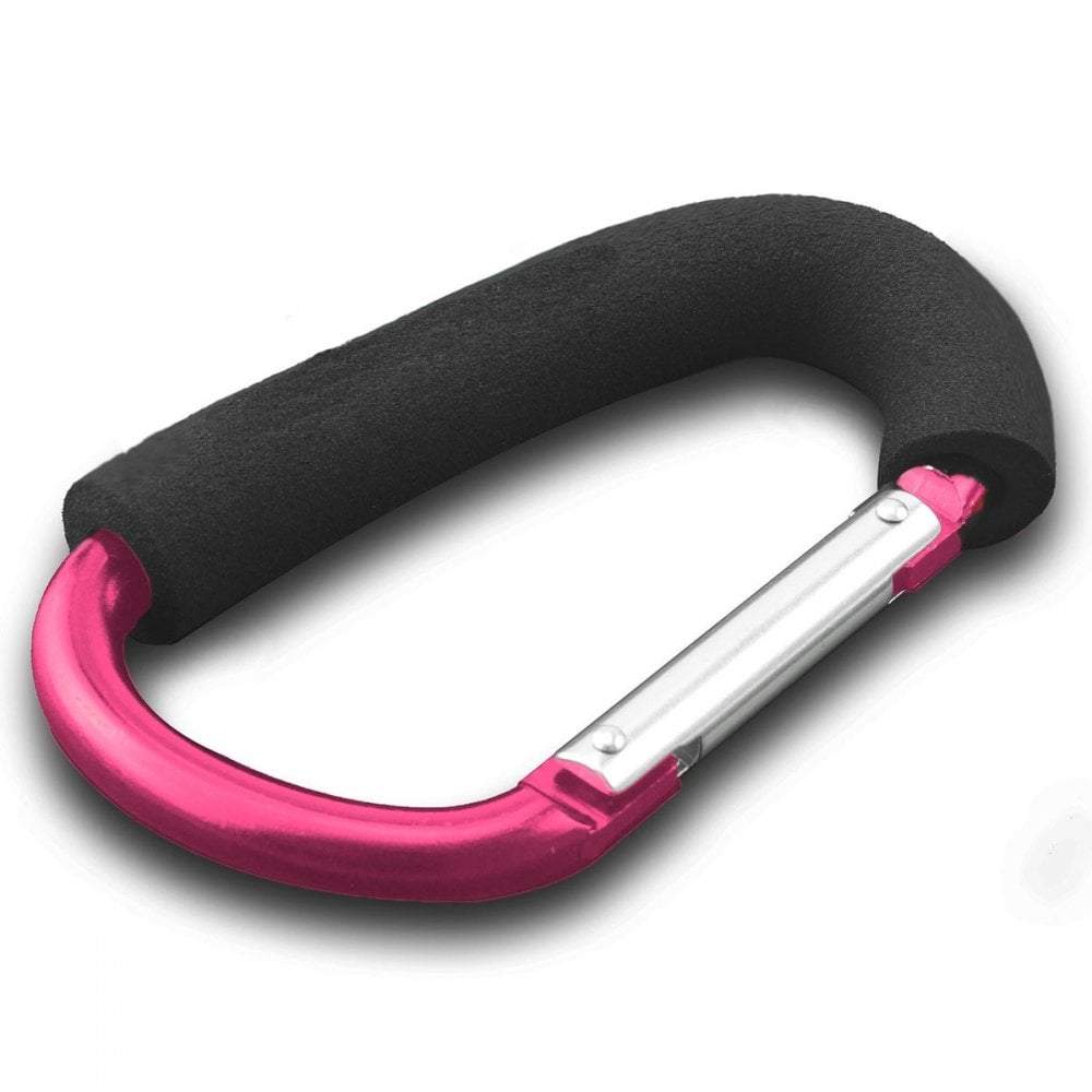 Black and pink carabiner with a white background