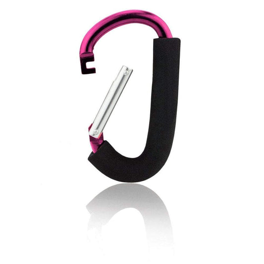 Black carabiner with pink accent on a white background