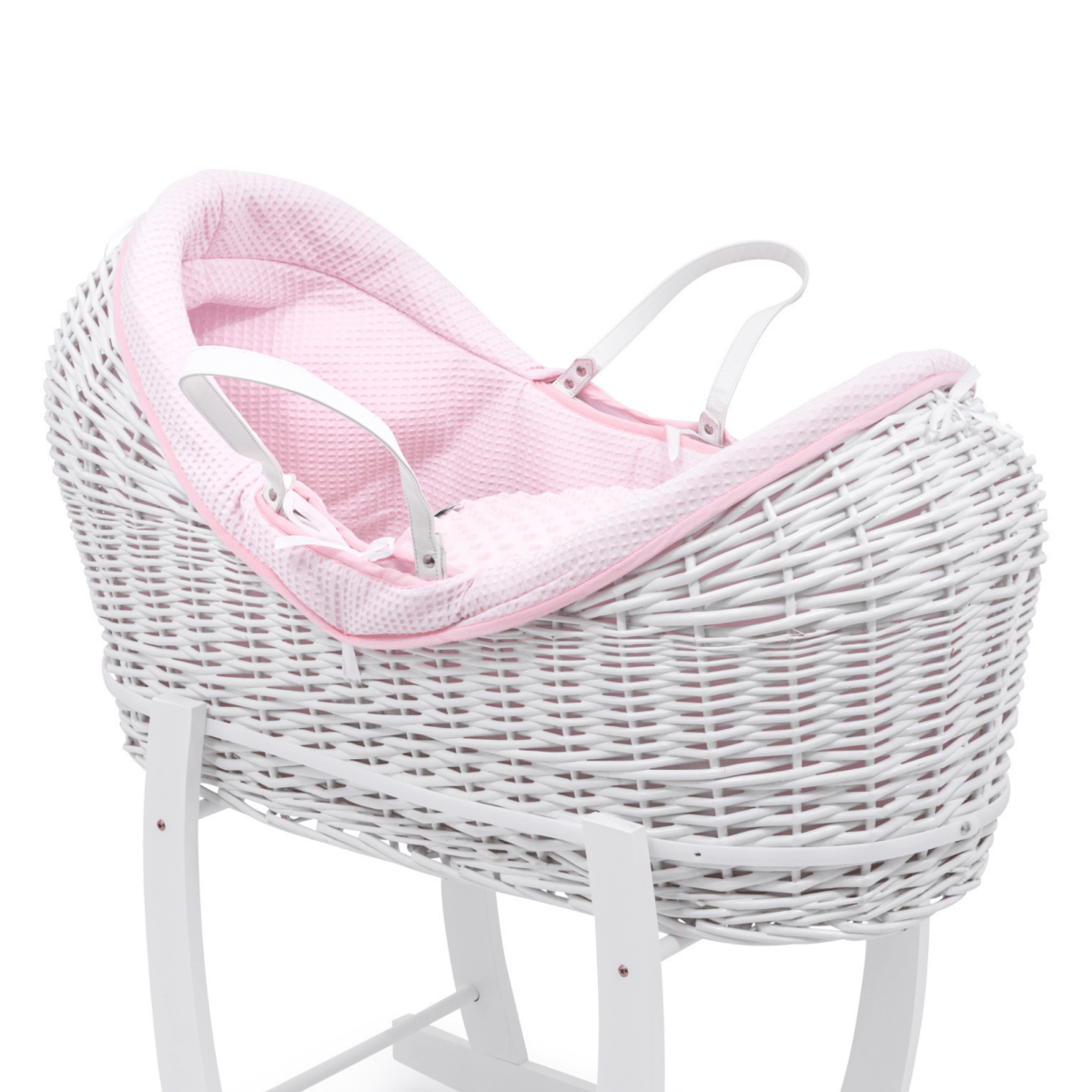 Pink basket bedding with white background 
